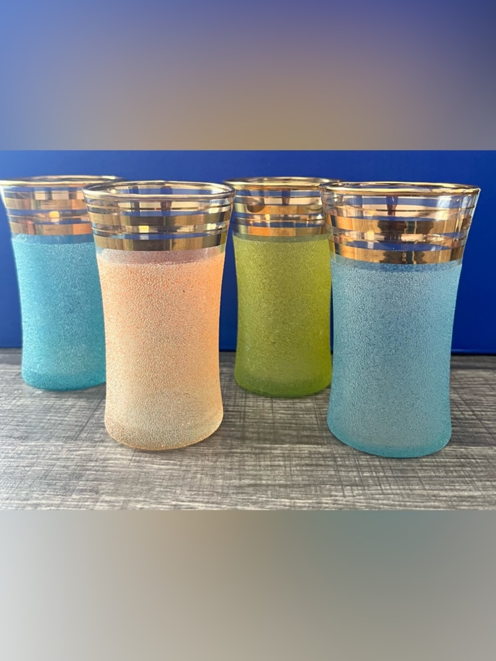Set of 4 Textured Frosted Glass Tumblers with Gold Banding - Peach, Lime, Blue